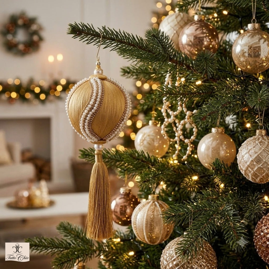 Decoro palla in tessuto color oro con nappa decorato con strass e perle. Dimensioni: ø 12, h 36. In negozio e online su tuttochic.it