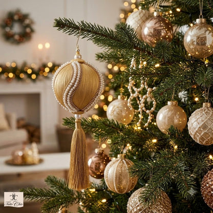 Decoro palla in tessuto color oro con nappa decorato con strass e perle. Dimensioni: ø 12, h 36. In negozio e online su tuttochic.it