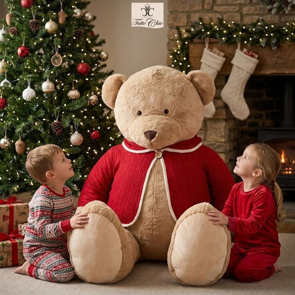 Orso di peluche gigante della collezione Vintage Toys di Nuvole di Stoffa, alto 100 cm, colore nocciola con giacca rossa in maglia e bottone in legno.