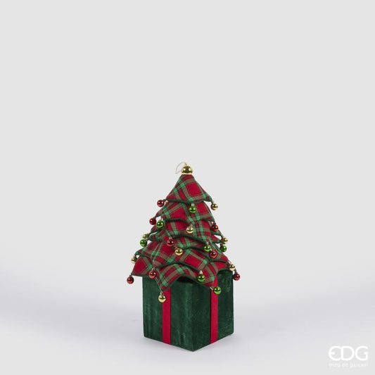 Decoro Pino su pacco alto 110 cm in tessuto di colore rosso e verde, telescopico, da appoggio e da appendere