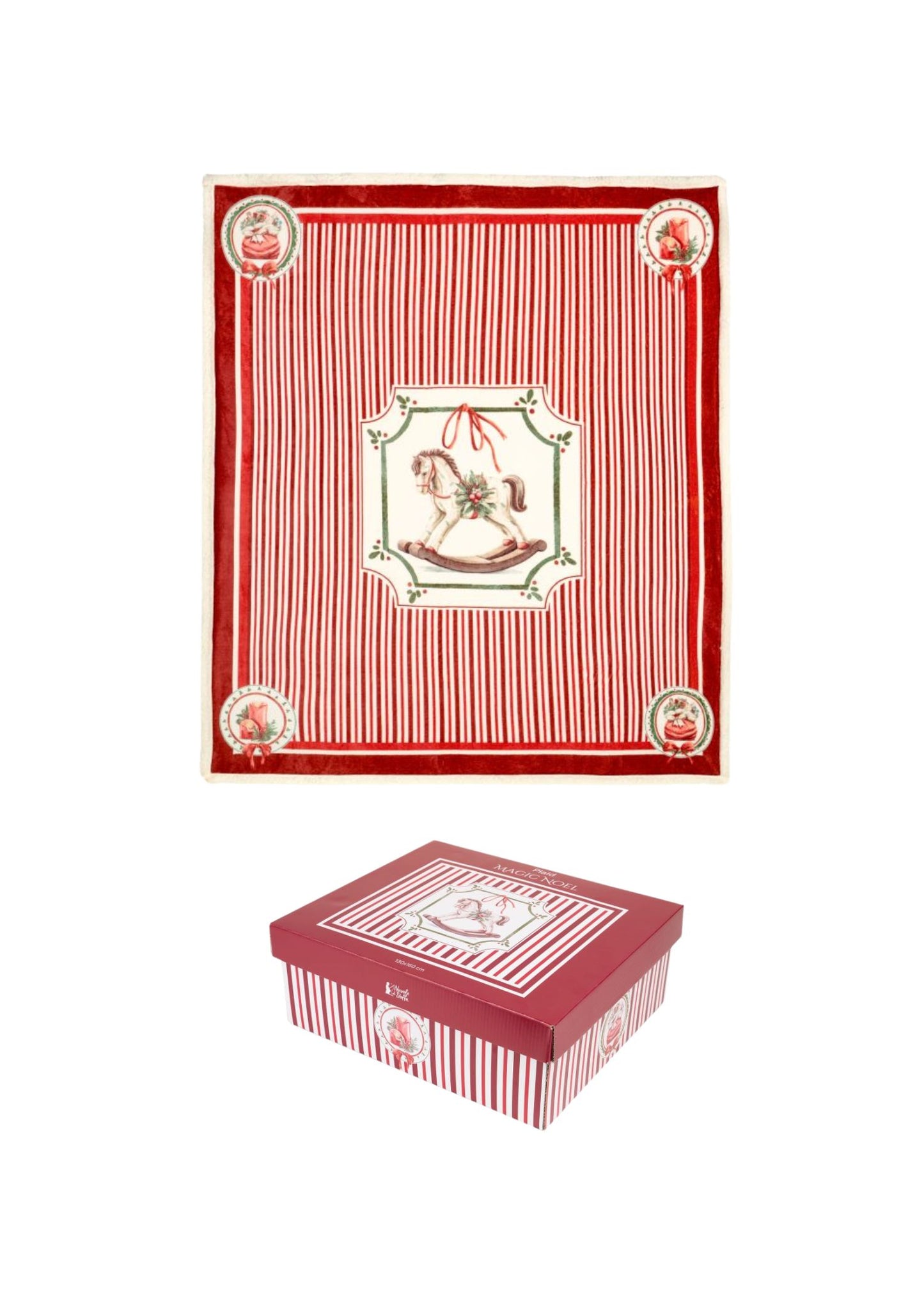 Esclusivo plaid natalizio Magic Noel di Nuvole di Stoffa ripiegato nella sua scatola regalo rigida, motivo a righe bianche e rosse con cavallo a dondolo, Tutto Chic.