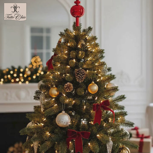 Puntale per albero di Natale in vetro soffiato color rosso lucido, altezza 31 cm, caratterizzato da lancia liscia e sfera decorata con texture a rilievo, brand EDG.