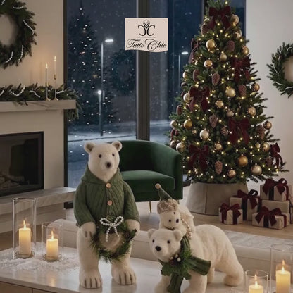 Famiglia orsi Polare in Peluche Bianco con Maglione Verde, sciarpa e cucciolo. Nuole di Stoffa, tuttochic.it