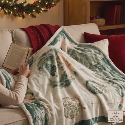 Plaid natalizio 130x160 cm collezione Silent Gold di Nuvole di Stoffa, colore verde salvia e panna con stampa di palline di Natale e stelle di Natale bianche, Tutto Chic.