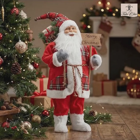 Babbo Natale decorativo EDG alto 81 cm in tessuto rosso scozzese con cartello in legno e sacco di doni