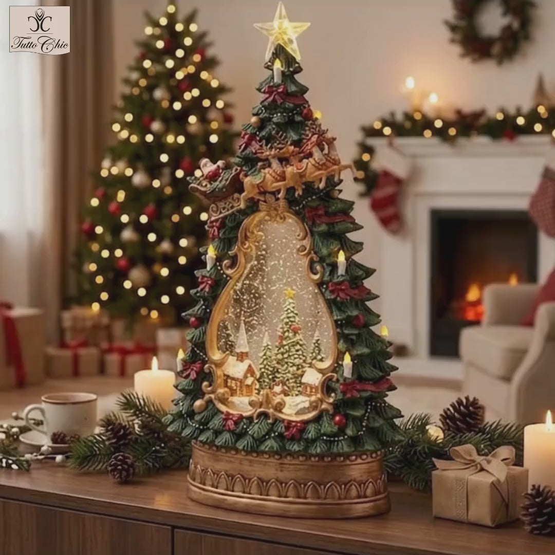 Decoro soprammobile a forma di albero di Natale in resina decorata con musica e led. Dimensioni: cm 17 x 10 x h 34. Funziona con 3 batterie stilo alkaline incluse. In negozio e online su tuttochic.it