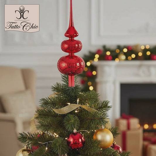 Puntale per Albero di Natale in Vetro con 2 Sfere Decorate H 35 cm – Decorazione Natalizia Elegante Color Rosso Lucido – EDG Enzo De Gasperi