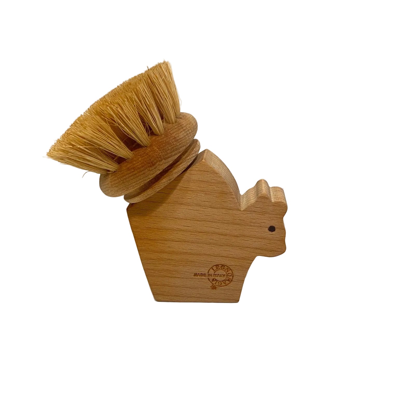 Spazzolino da lavello in legno di faggio a forma di scoiattolo con setole in fibra naturale modello Scoiattolo di Legnomagia.