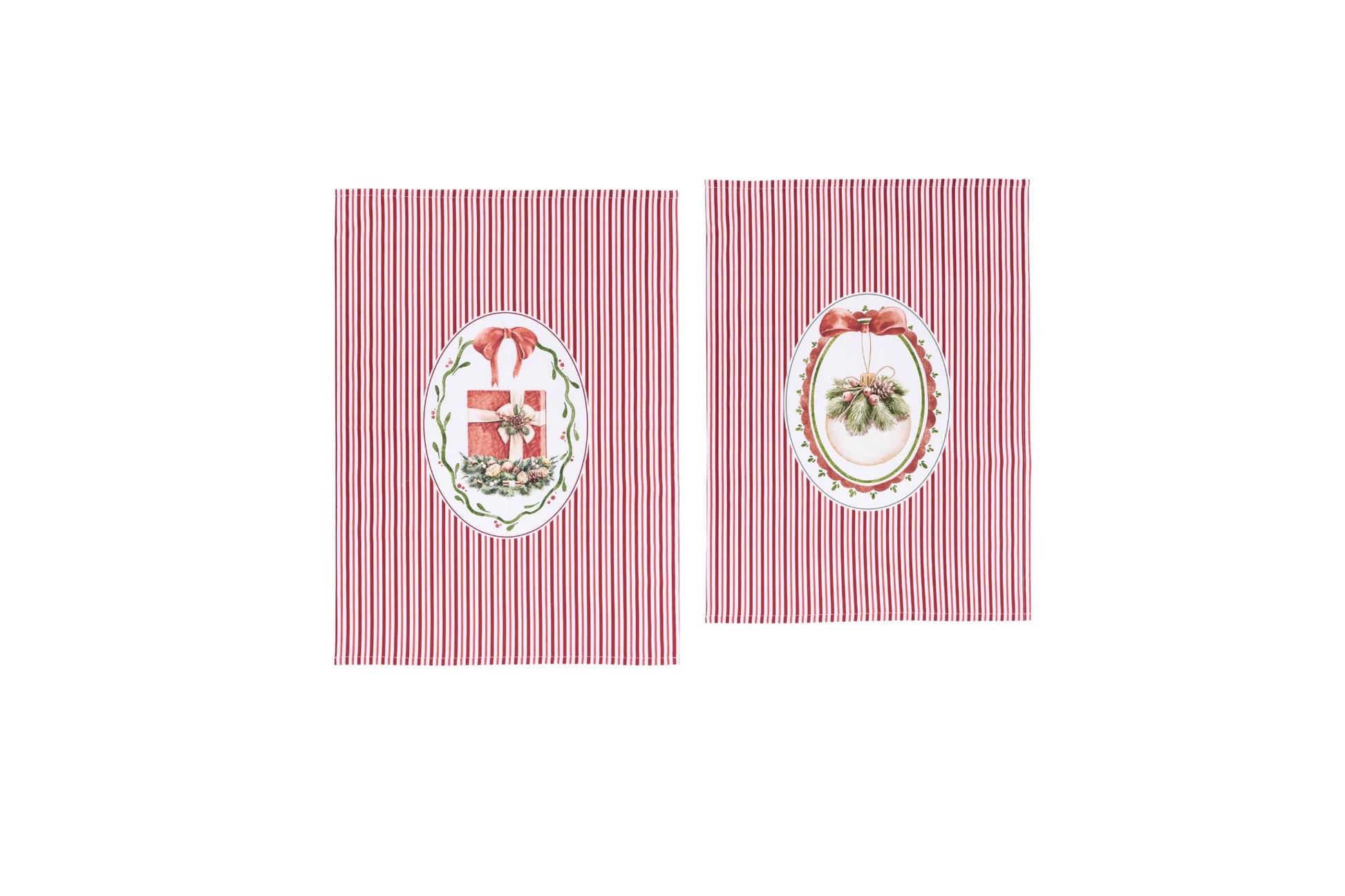 Strofinaccio natalizio 50x70 cm in cotone a righe bianche e rosse con stampa centrale vintage di un cavallo a dondolo, collezione Magic Noel Nuvole di Stoffa, Tutto Chic.
