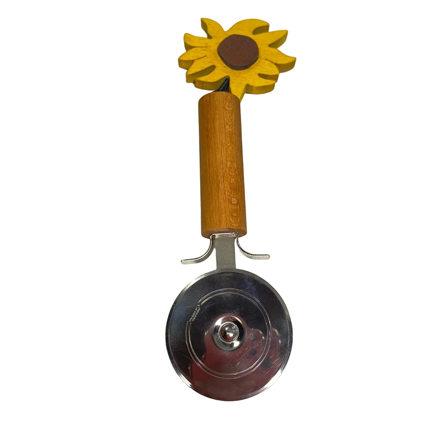 Rotella tagliapizza con lama in acciaio inox e manico in legno d'acero con decoro a girasole modello Girasole di Legnomagia.