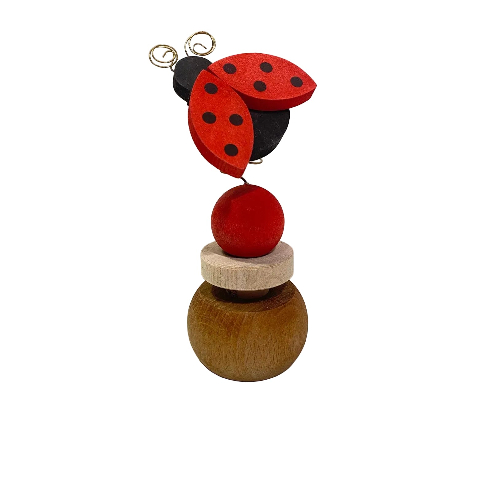 Tappo da vino in sughero e legno con coccinella rossa su molla e supporto reggitappo sferico in legno modello Coccinella di Legnomagia.