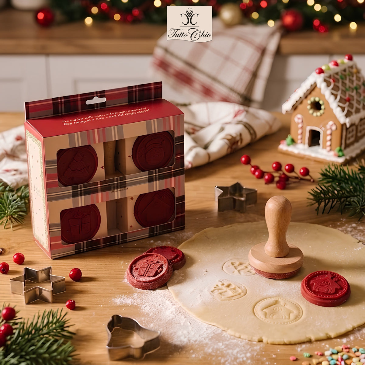 Set pasticceria Nuvole di Stoffa con 4 timbri natalizi in silicone e 1 manico in legno, collezione Vintage Toys, Tutto Chic.