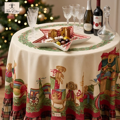 Tovaglia natalizia rotonda Nuvole di Stoffa collezione Vintage Toys con balza a balze tartan scozzese, disegni di giocattoli vintage, diametro 200 cm, Tutto Chic.