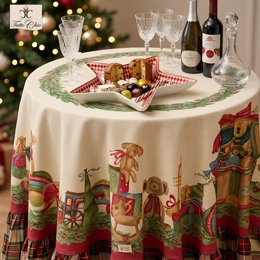 Tovaglia natalizia rotonda Nuvole di Stoffa collezione Vintage Toys con balza a balze tartan scozzese, disegni di giocattoli vintage, diametro 200 cm, Tutto Chic.