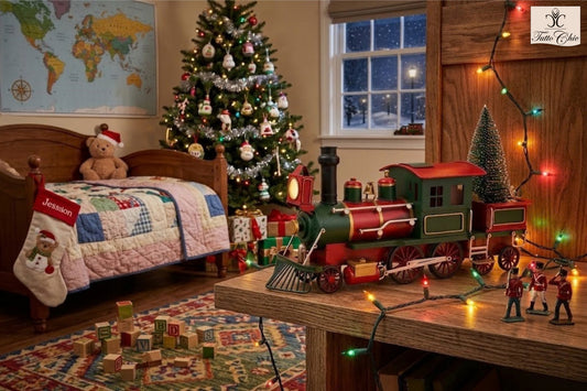 Treno natalizio vintage in metallo rosso, verde e oro con alberello di Natale nel vagone posteriore, collezione Vintage Toys di Nuvole di Stoffa.