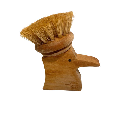 Spazzolino lavapiatti ecologico in faggio sagomato a forma di uccellino upupa con spazzola in fibra naturale modello Upupa di Legnomagia.