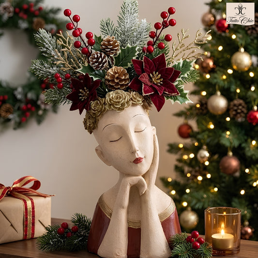 Vaso portafiori a forma di busto di donna Magda di Rituali Domestici in resina con corona di rose glitter oro altezza 35 cm su fondo bianco.