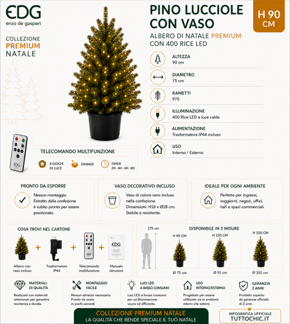 Albero di Natale Premium "Pino Lucciole" con Vaso e 400 Rice LED – H 90 cm – EDG Enzo De Gasperi