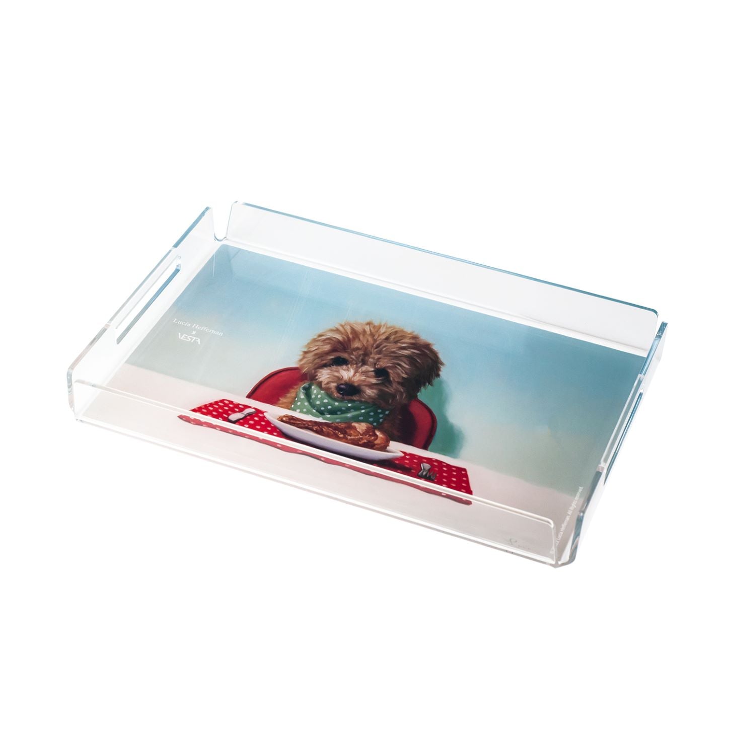 Vassoio in cristallo acrilico con decorazione retrospampata " Puppy Chow" Dimensioni: cm 32 x 22 x 3,5 h, spessore 5 mm. In negozio e online su tuttochic.it