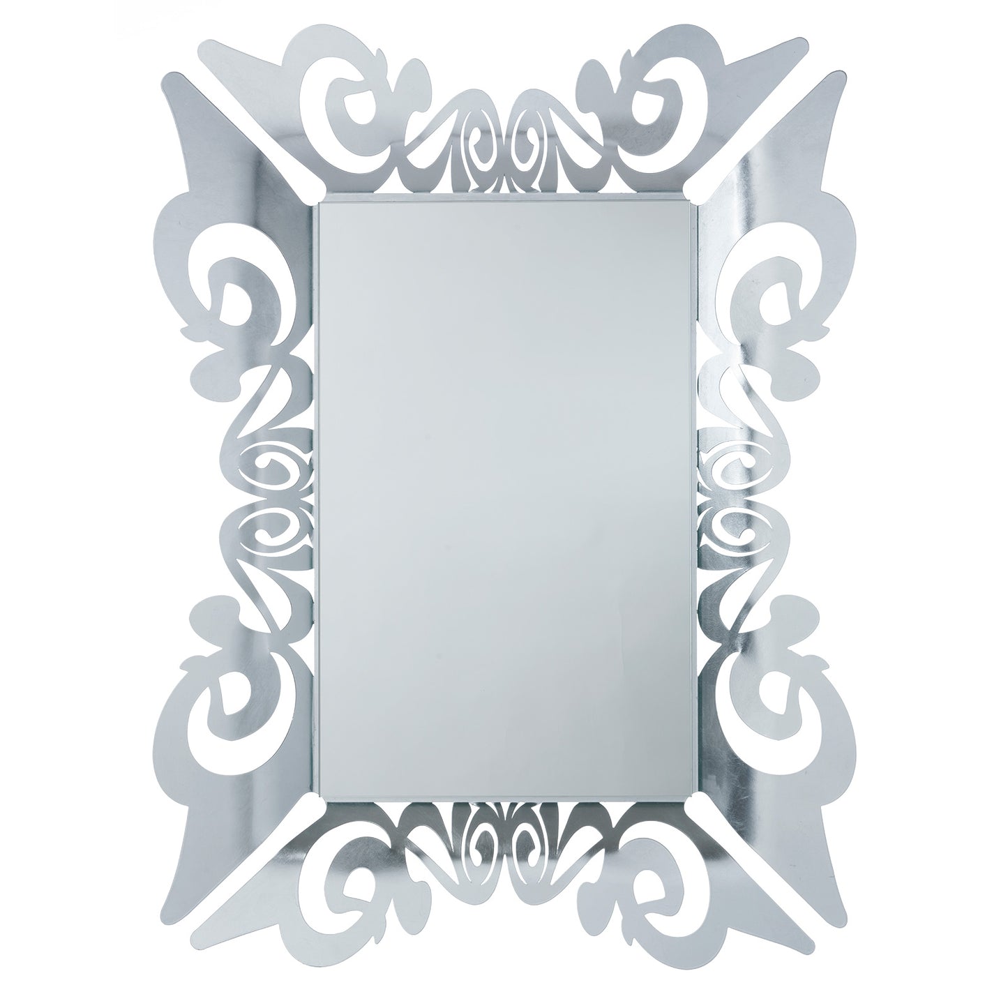 Specchio da parete decorato con applicazione manuale di foglia argento Vanity, caratterizzato da particolare design. Il suo stile elegante e la sua cornice gli donano un tocco di raffinatezza. Dimensioni: cm 80 x 100H (43 x 68H). In negozio e online su tuttochic.it