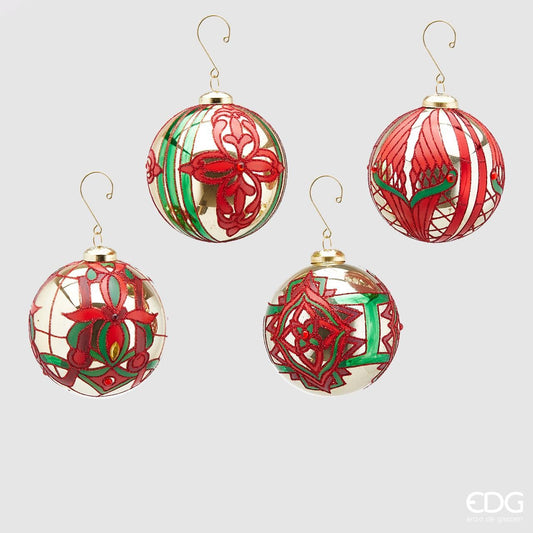 Decoro palla in vetro oro con decoro verde/rosso per albero di Natale. Dimensioni: ø cm 10. In negozio e online su tuttochic.it
