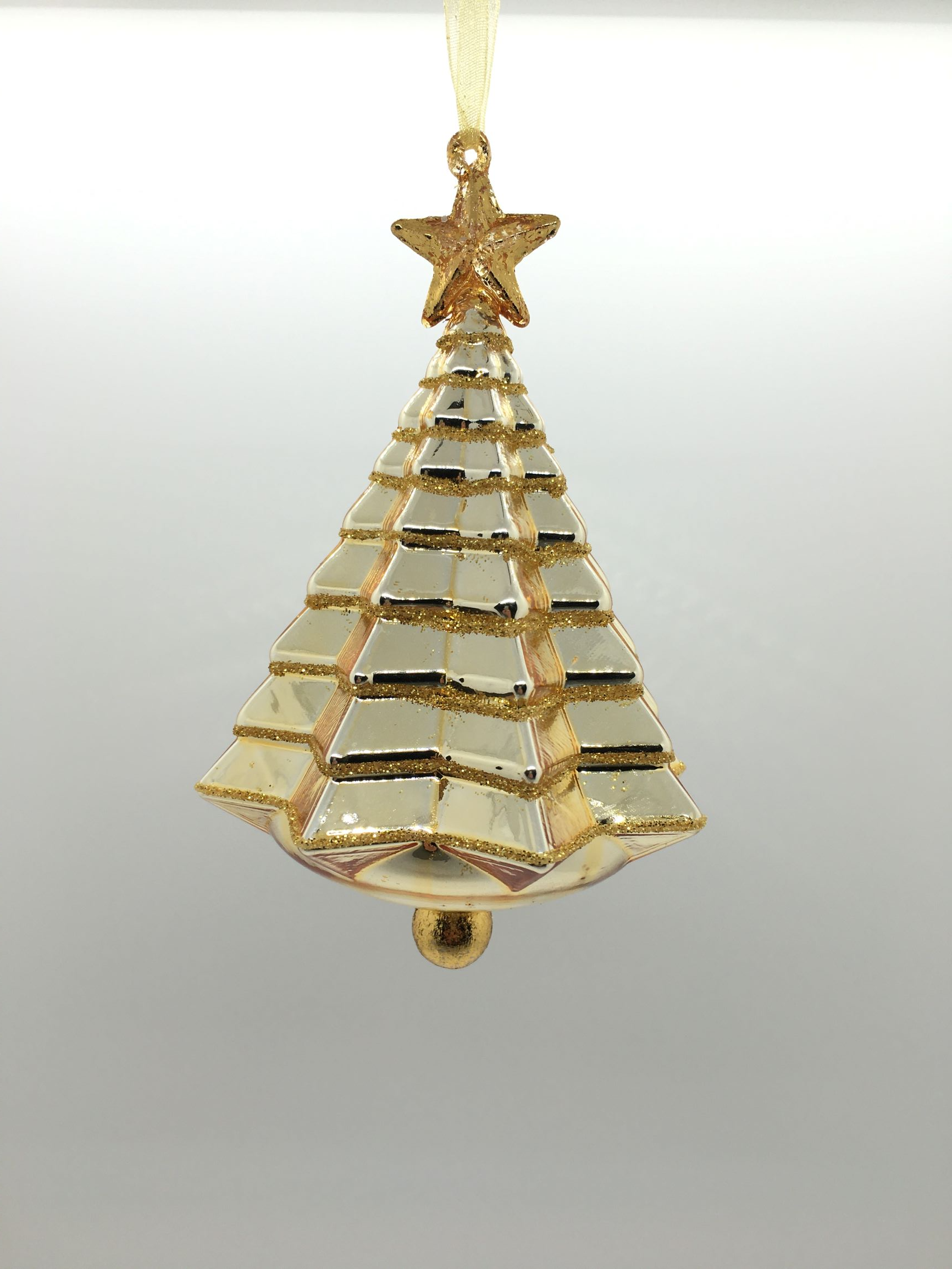 Pino in vetro color oro e glitter con stella. Decorazione per albero di Natale. Dimensione: cm 9, altezza cm 14