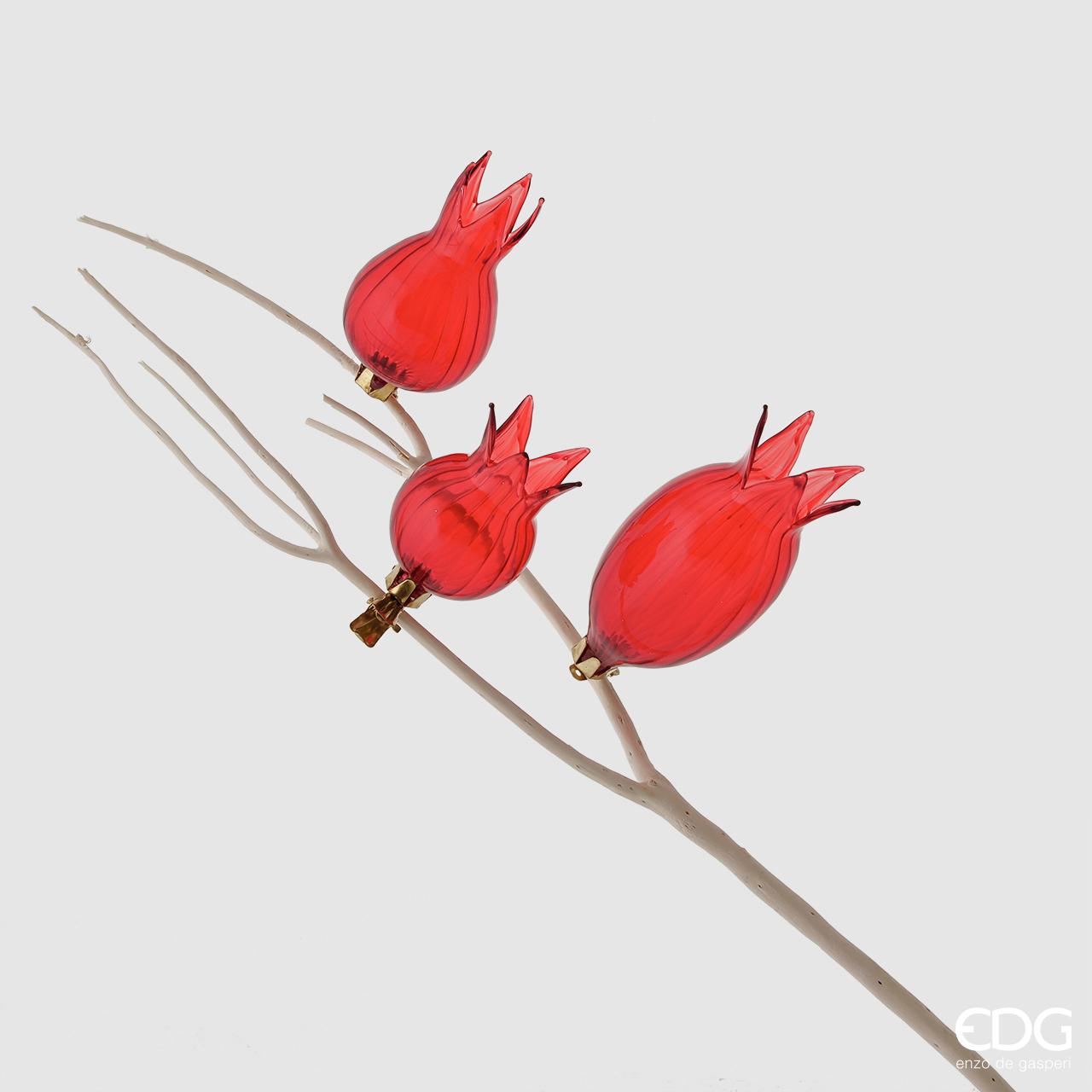 Set di 3 fiori vetro di colore rosso con clip 3 misure assortite: cm 8,5 - 11 - 13. Decorazione per albero di Natale o rami da decorare.