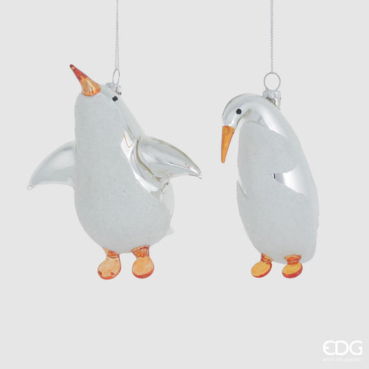 Decorazione per albero di Natale pinguino in vetro con colori argento, bianco e arancione in 2 modelli diversi cm 11.