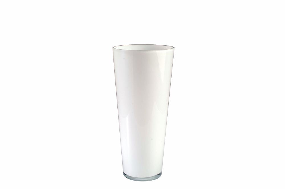 Vaso portafiori conico in vetro incamiciato di colore: esterno bianco, interno bianco. Dimensioni: cm 15 x 33 h