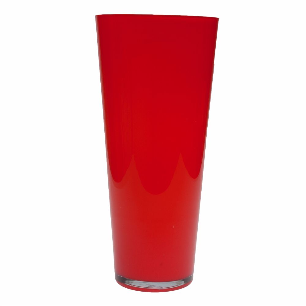 Vaso portafiori conico in vetro incamiciato di colore: esterno rosso, interno bianco. Dimensioni: cm 15 x 33 h