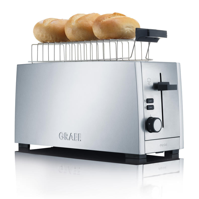 Tostapane per 4 toast con 2 maxi fessure separate, consente di inserire anche le fette di pane più lunghe. Graef Kunzi