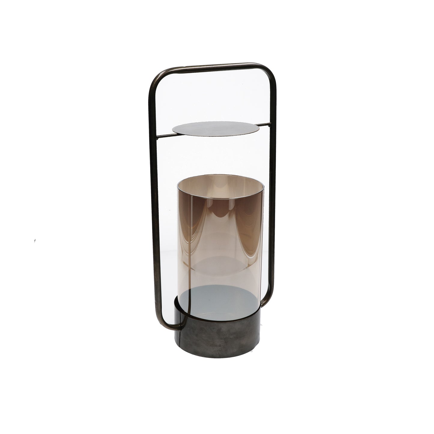 Lanterna In Vetro color fumè con manico esterno in metallo di colore bronzo. Dimensioni: cm 20 x 14 x 43 h. In negozio e online su tuttochic.it