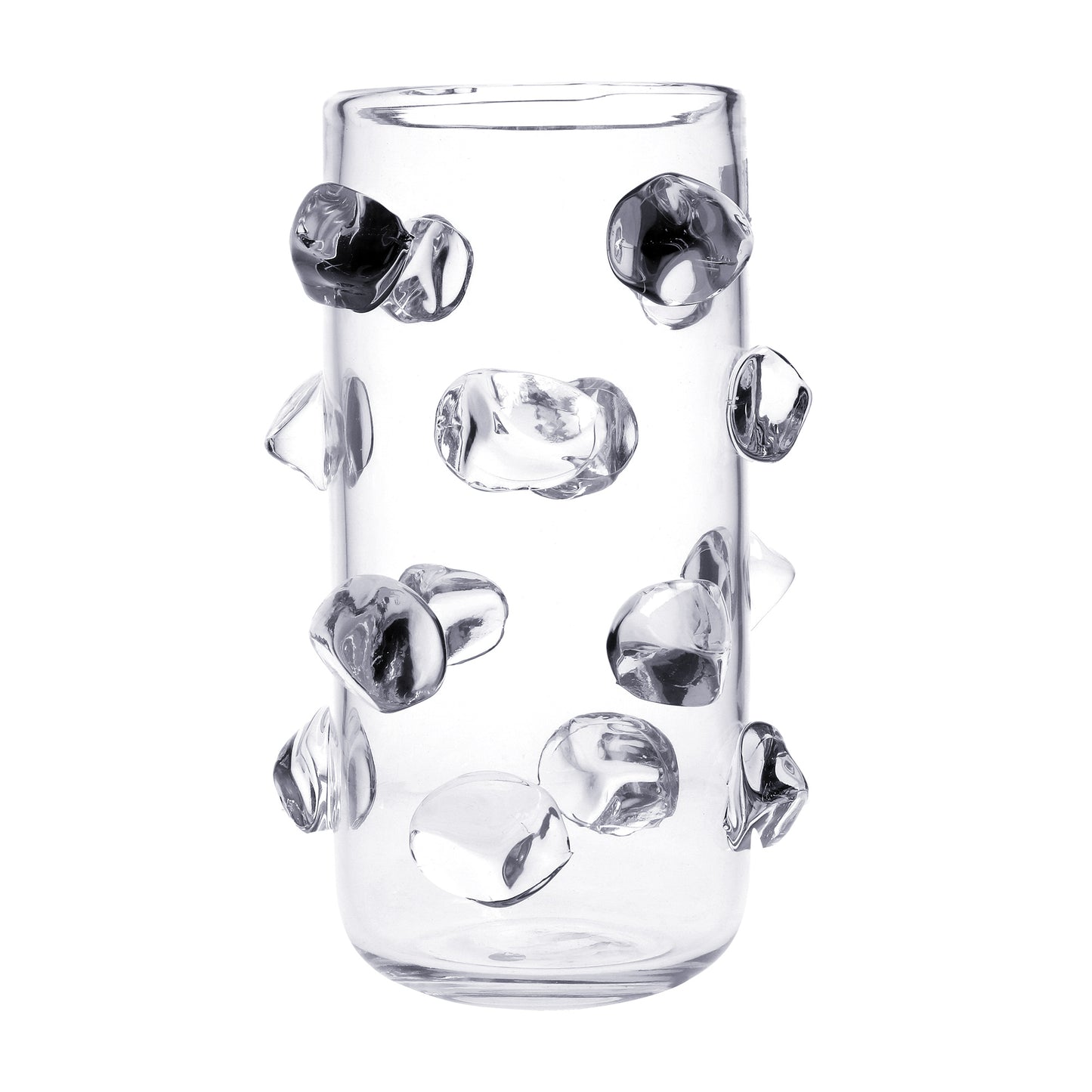 Vaso portafiori in vetro trasparente con applicazioni a forma di sassi sempre in vetro trasparente. Dimensioni: Ø 20 ; h 32,5 cm, peso: 3,5 kg. In negozio e online su tuttochic.it