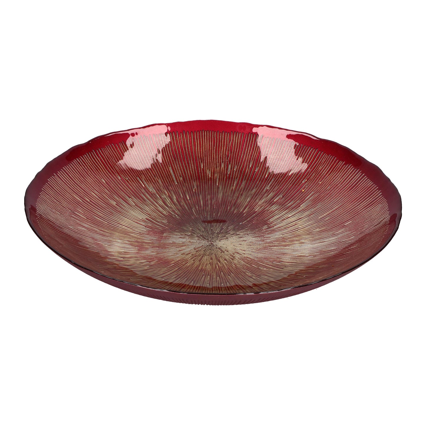 Centrotavola in vetro di colore rosso e oro. Dimensioni: Ø 40 cm. In negozio e online su tuttochic.it