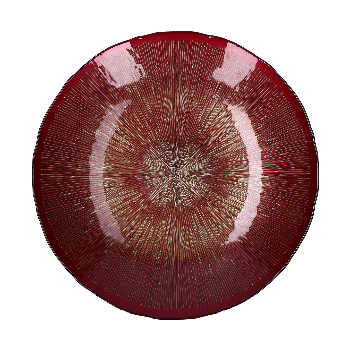 Centrotavola in vetro di colore rosso e oro. Dimensioni: Ø 40 cm. In negozio e online su tuttochic.it