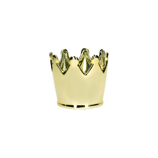 Cachepot in ceramica a forma di corona di colore oro lucido. Dimensioni: cm 10 x 9 h. In negozio e online su tuttochic.it