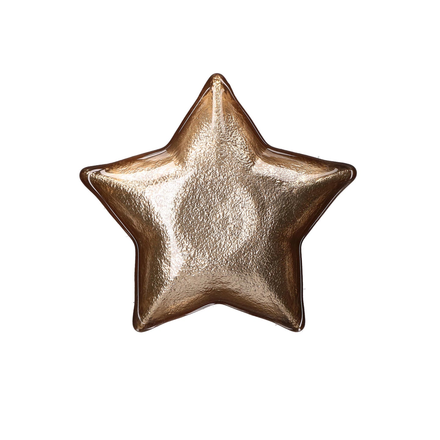 Piattino in vetro di colore oro a forma di stella. Dimensioni: Ø 16 cm. In negozio e online su tuttochic.it