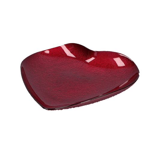 Piattino in vetro di colore rosso a forma di cuore. Dimensioni: Ø 21,5 cm. In negozio e online su tuttochic.it