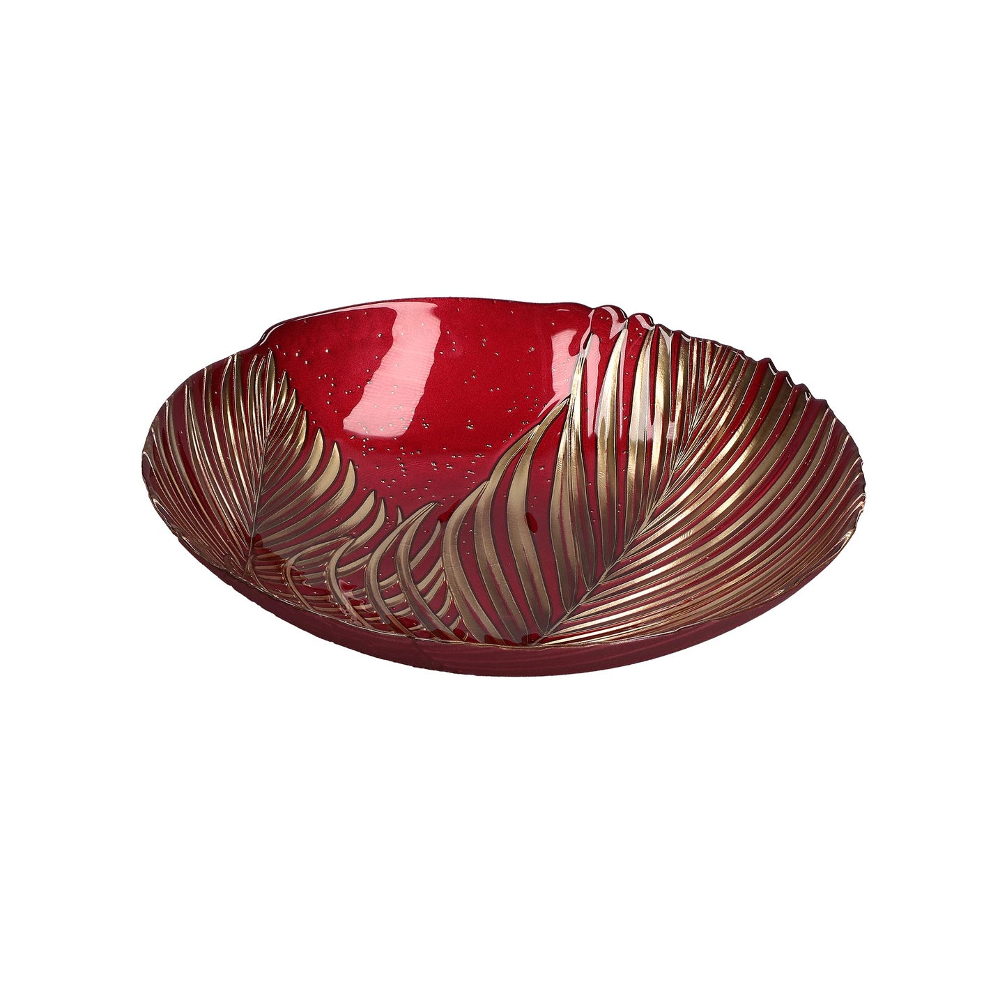 Centrotavola in vetro di colore rosso e oro. Dimensioni: Ø 33 cm. In negozio e online su tuttochic.it
