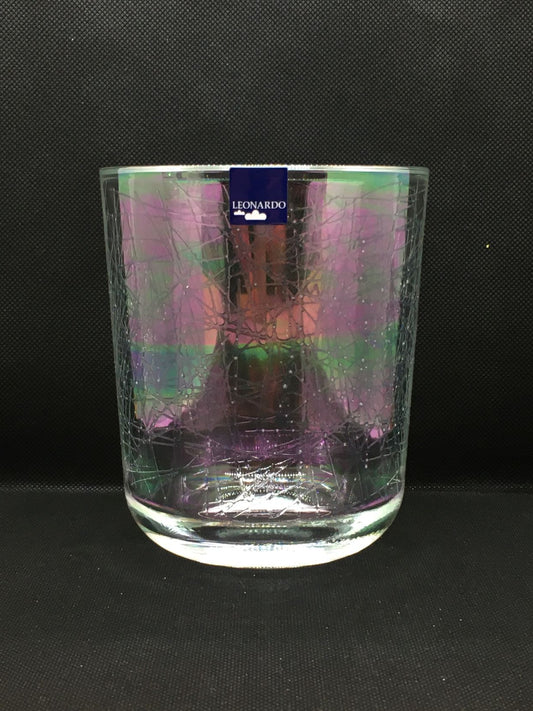 Vaso portacandela in vetro con decoro iridescente. Dimensioni: ø cm 11,5 x 13,5 h , spessore vetro cm 1. In negozio e online su tuttochic.it