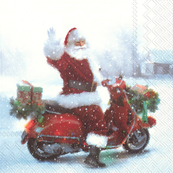 Confezione di 20 tovaglioli di carta a 3 veli decorati Babbo Natale con scooter. Dimensioni: cm 33 x 33. Made in Germany. In negozio e online su tuttochic.it