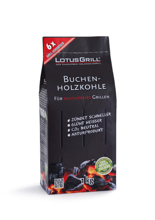 Carbonella di faggio kg1, formato ideale per usare il LotusGrill. Questa carbonella si accende velocemente, è naturale e garantisce 6 accensioni per il LotusGrill G34. 
