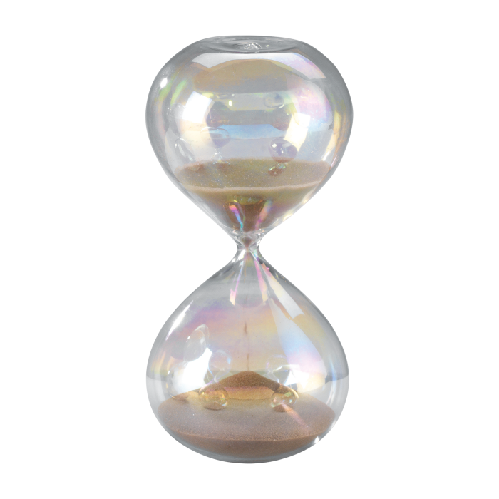 Clessidra in vetro perlato con durata 15 minuti. Dimensioni: cm Ø 7,5 x 15 h. In negozio e online su tuttochic.it
