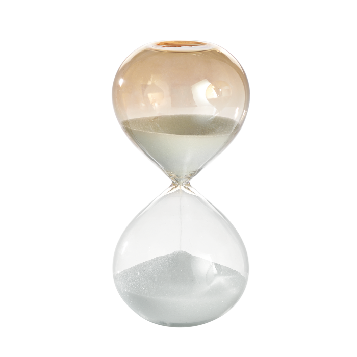 Clessidra in vetro bicolore (trasparente/ambrato) e sabbia bianca con durata di 15 minuti. Dimensioni: cm Ø 7,5 x 15 h. In negozio e online su tuttochic.it