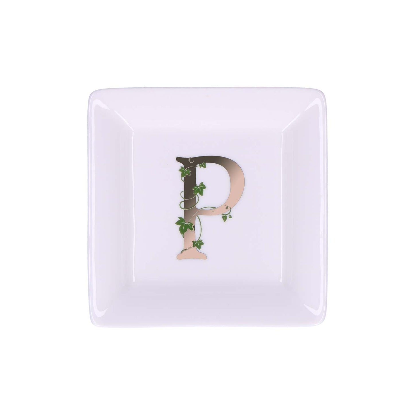 Piattino quadrato in porcellana "Adorato" con iniziale decorata. Dimensioni: cm 10 x 10 x h1,5 Lavare a mano.
