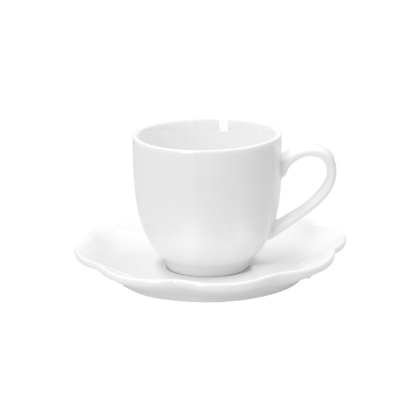 Set di 6 tazzine caffè con piattino in porcellana bianca. Dimensioni: 90 cc; Ø 5,5; h5,5 cm