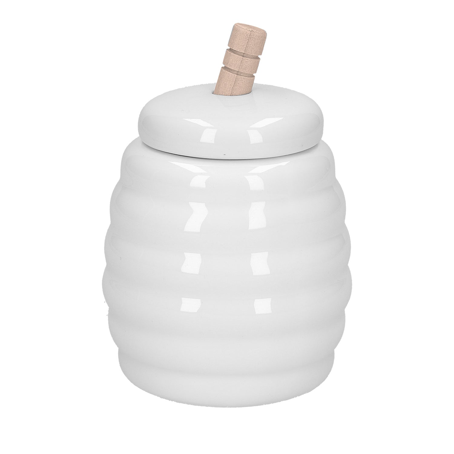 Vasetto miele in porcellana lavorata con servimiele in legno. Dimensioni: 290 cc, h11 cm, Ø 8,5 Lavabile in lavastoviglie Utilizzabile in microonde Utilizzabile in forno tradizionale 