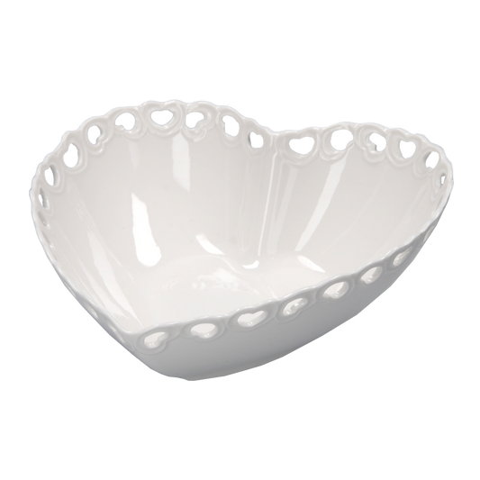 Ciotola in porcellana bianca traforata a forma di cuore. Dimensioni: 21 x 20 x h 7 cm Lavabile in lavastoviglie Utilizzabile in microonde Utilizzabile in forno tradizionale. In negozio e online su tuttochic.it