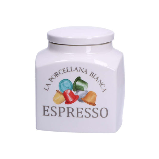 Barattolo in porcellana decorata "Espresso". Dimensioni: 12x12xh 16 cm, 1800 cc. Decorati, pratici e utili, caratterizzano ambienti curati in ogni minimo dettaglio.