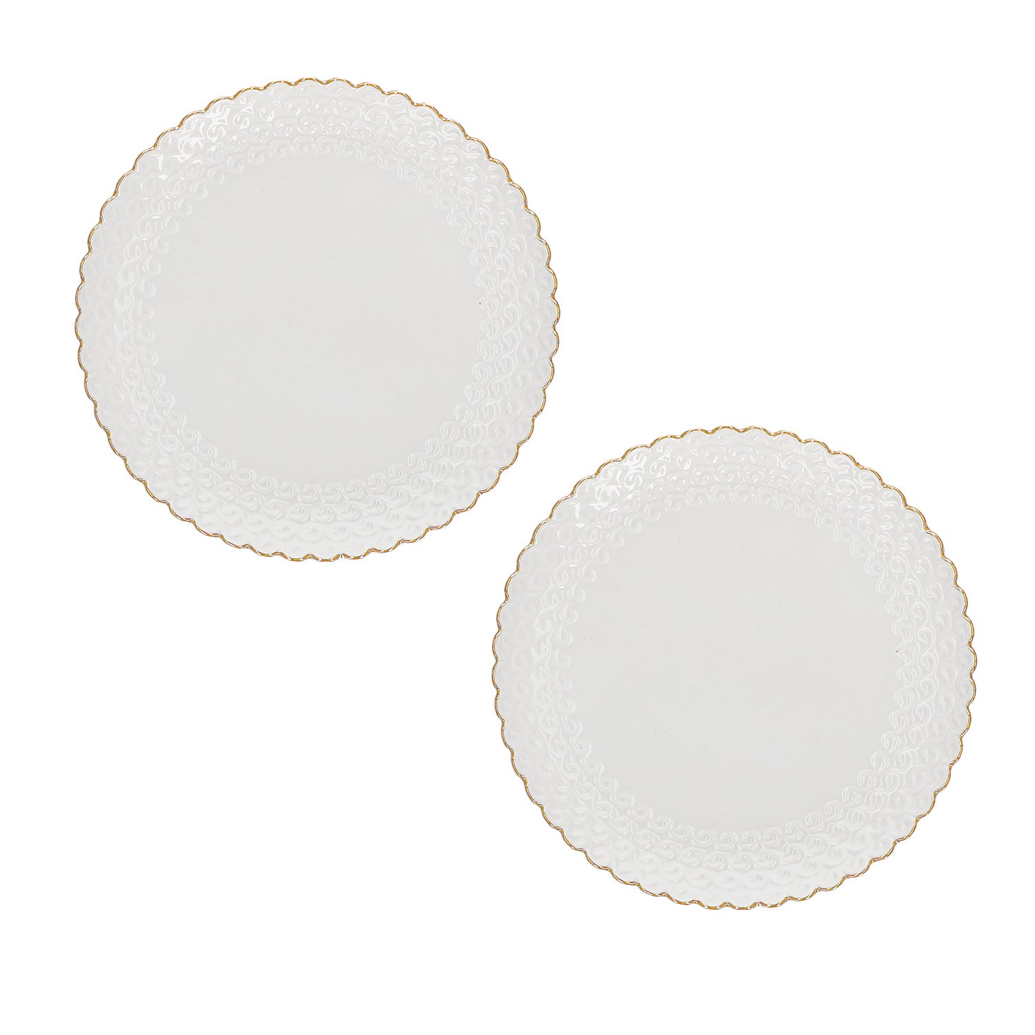 Set di 2 piattini per dolce in porcellana bianca e decoro dorato. Dimensioni: 18 x 18 x h 2,5 cm Lavare a mano.